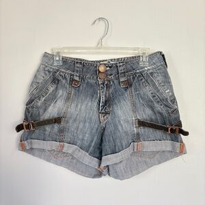 Denim buckle shorts.